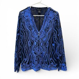 Vintage 90’s/Y2K Weavz Funky Black and Blue Sheer Lace Zip-Up Cardigan Small